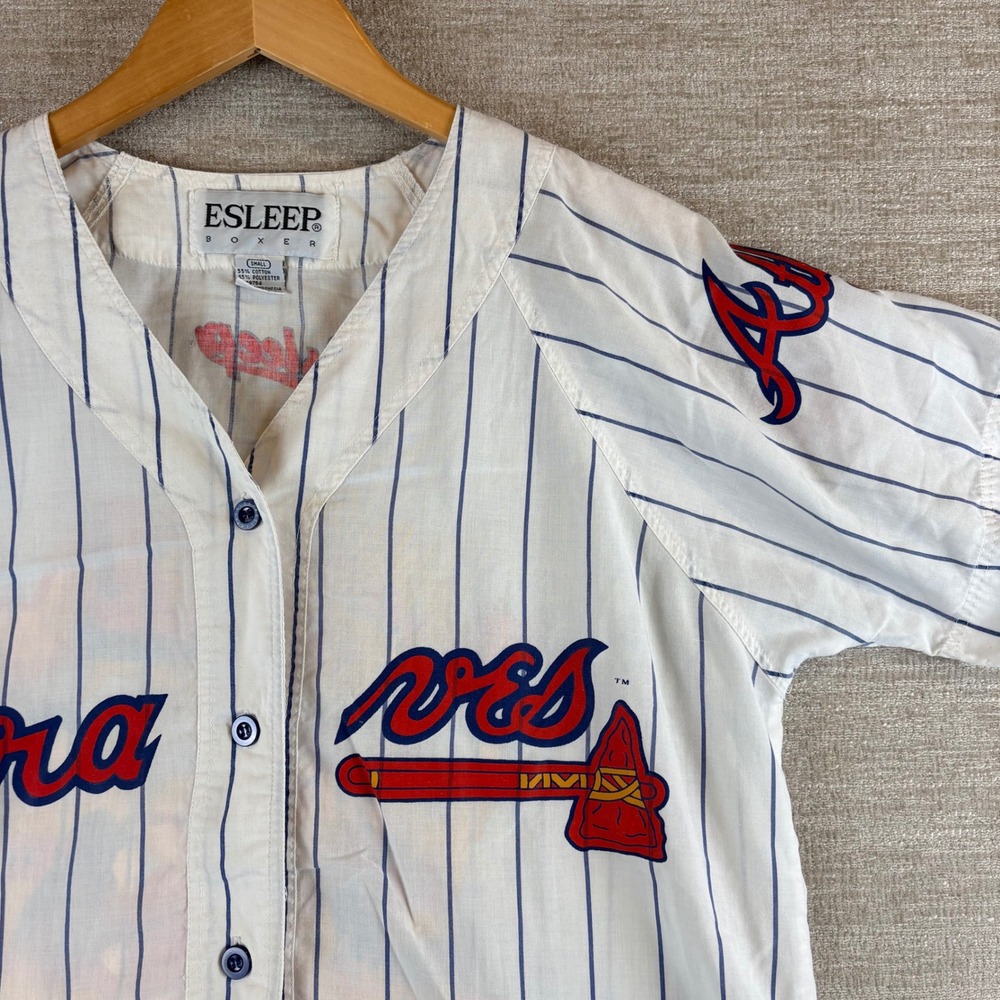 VTG 90s ESLEEP Atlanta Braves Jersey Sleep Shirt XL White Pinstripe MLB Vintage